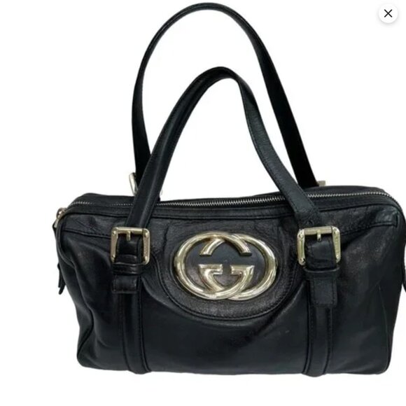 Gucci Authentic black leather gold interlocking logo GGsatchel purse bag
